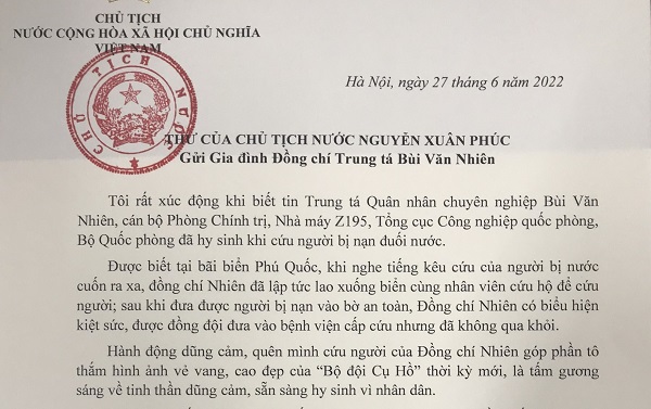 Chủ tịch nước gửi thư chia buồn, động viên gia đình Trung tá Bùi Văn Nhiên